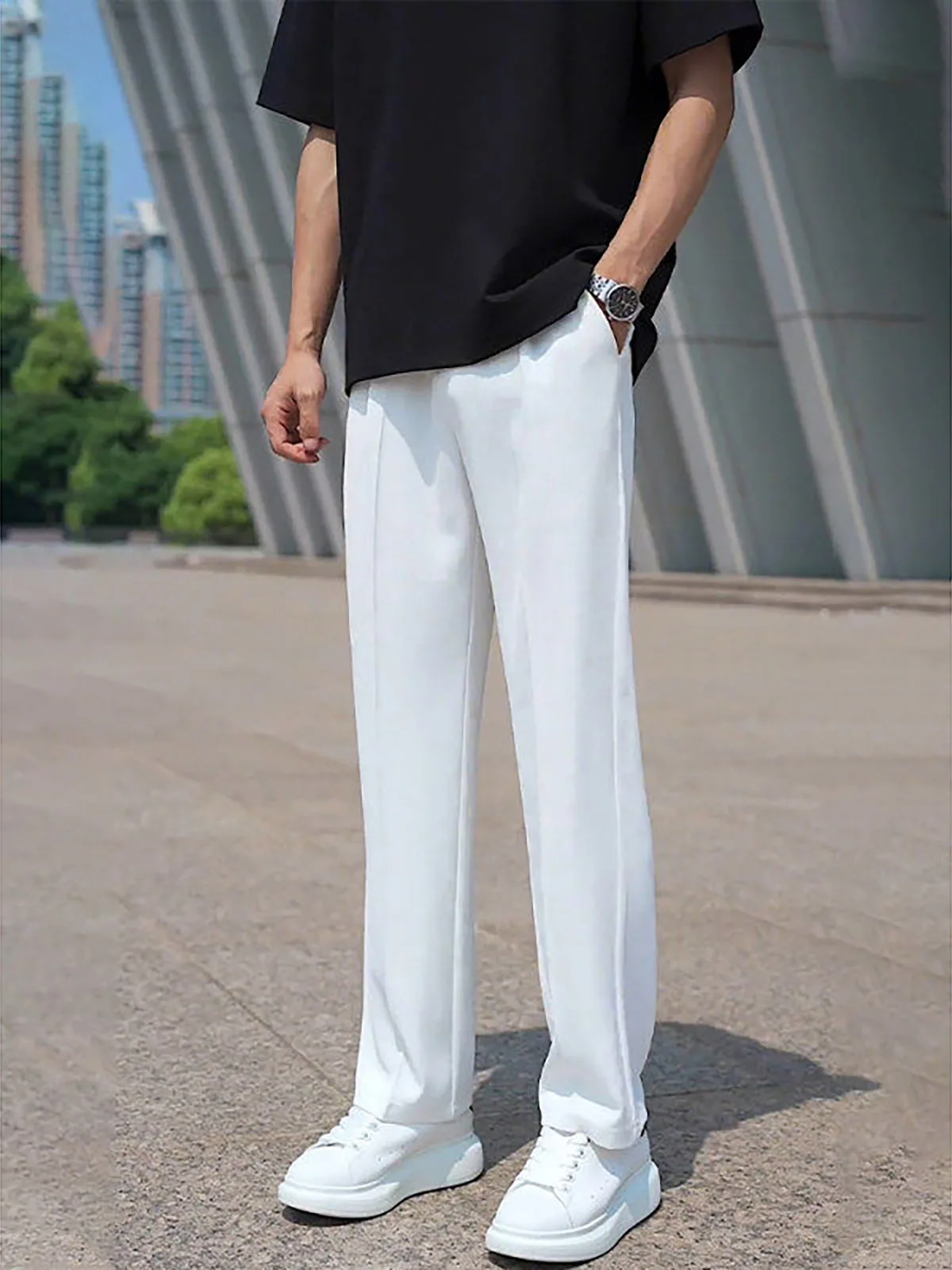 

White Anti-Wrinkle Ice Silk Men's Summer Fashion Casual Pants Cool Feeling Durable Straight Leg Trousers for Teenagers