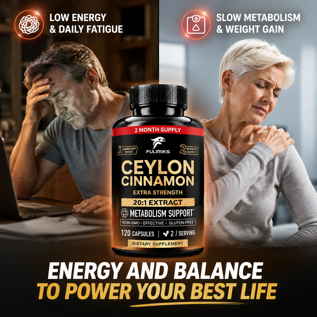 Ceylon Cinnamon Capsules, Energy Heart & Metabolism Support, Pure Natural Cinnamon Supplement for Men & Women, GMO & Gluten-Free