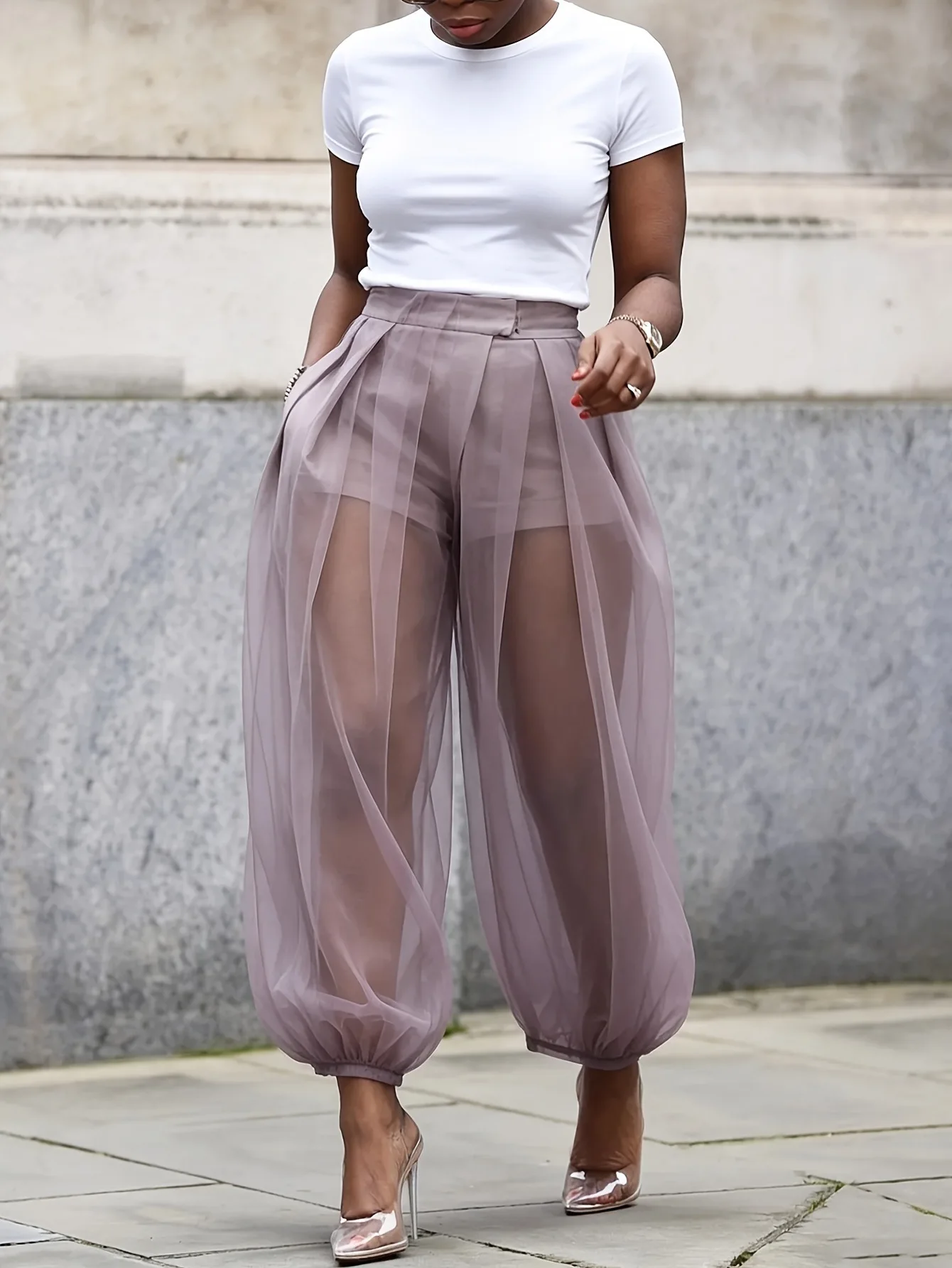Polka Dot Sheer Mesh Harem Pants Loose See Through Balloon Trousers with Inner Shorts Women Summer Casual Cuff Leg Jogger Pants
