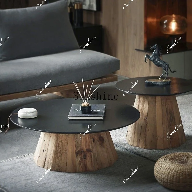 Wabi Sabi Wind Black Light Luxury Modern Simple Sofa Round Living Room Household Small Apartment Solid Wood Tea Table  FT