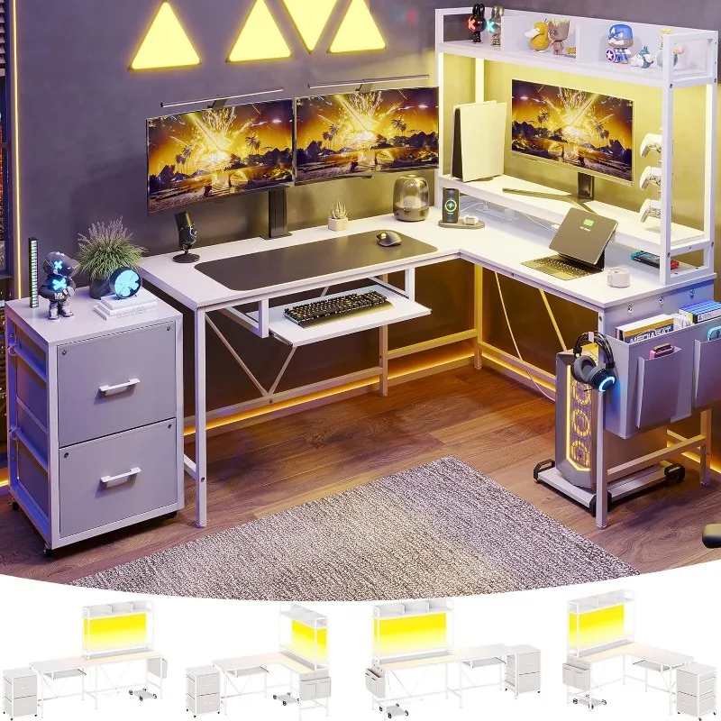 L Shaped Gaming Desk, Reversible Corner Computer Desk with Power Outlet & Led Strip Home Office Desks Drawer File Cabinet
