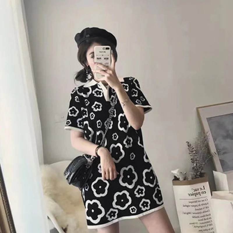 Knitting Dresses Summer New Sweet Buttons Polo-Neck Short Sleeve Midi Dress Women Clothing Korean Printing Slim A-line Skirt