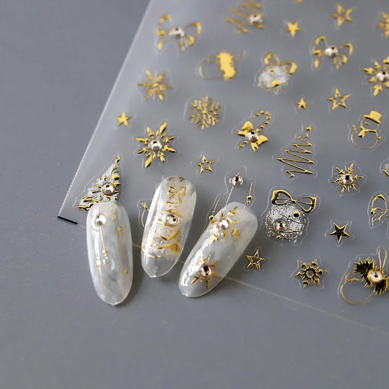 Gold Snowflake Bowknot Snowman Lovely Christmas 3D Self Adhesive Nail Art Sticker Rhinestone 5D Embossed Reliefs Manicure Decals