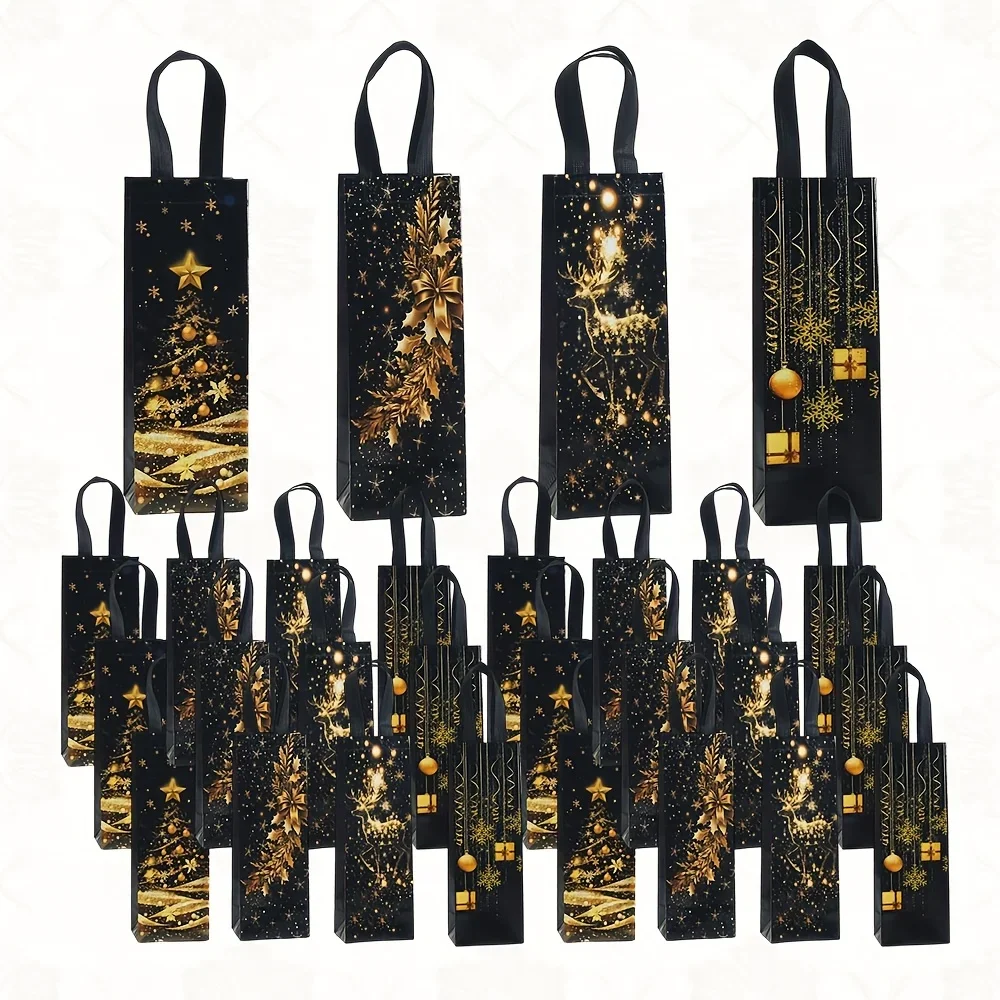 4 Pcs Christmas Wine Gift Bags, Black Golden Foil Single Bottle Wine Bags With Handles, Xmas Bottle Gift Wrapping Bags For Wine