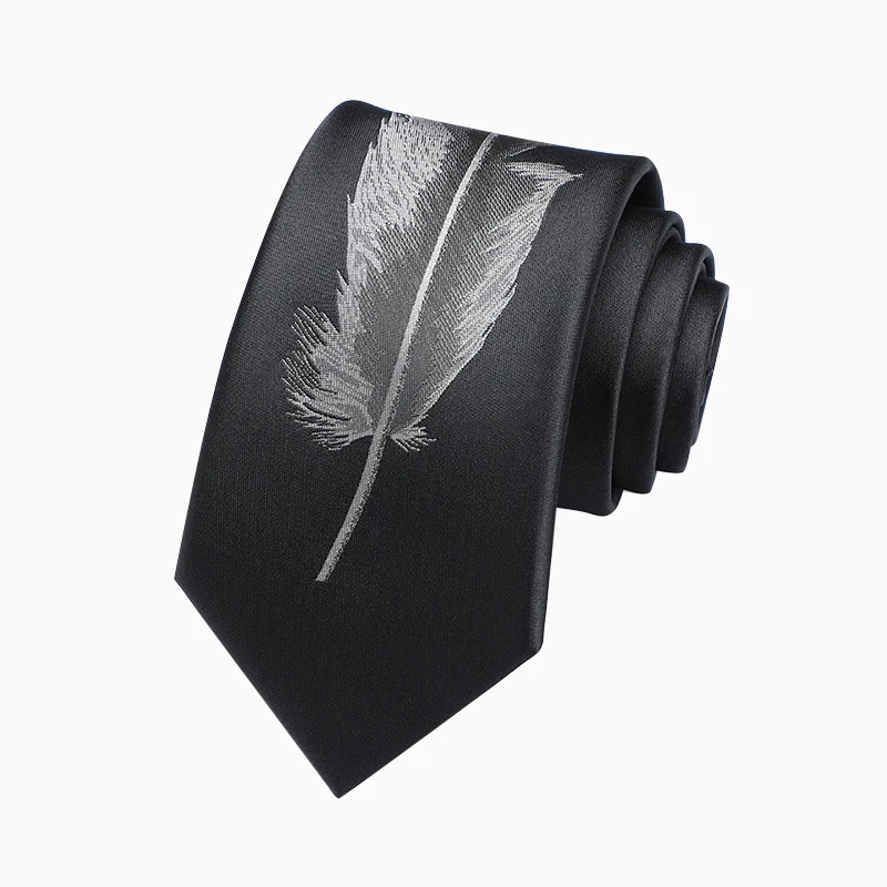 

Top Quality Black 100% Silk Embroidered Feather Patterned Tie For Men's Shirt Accessories Banquet 7cm Wide Hand Knotted Silk Tie
