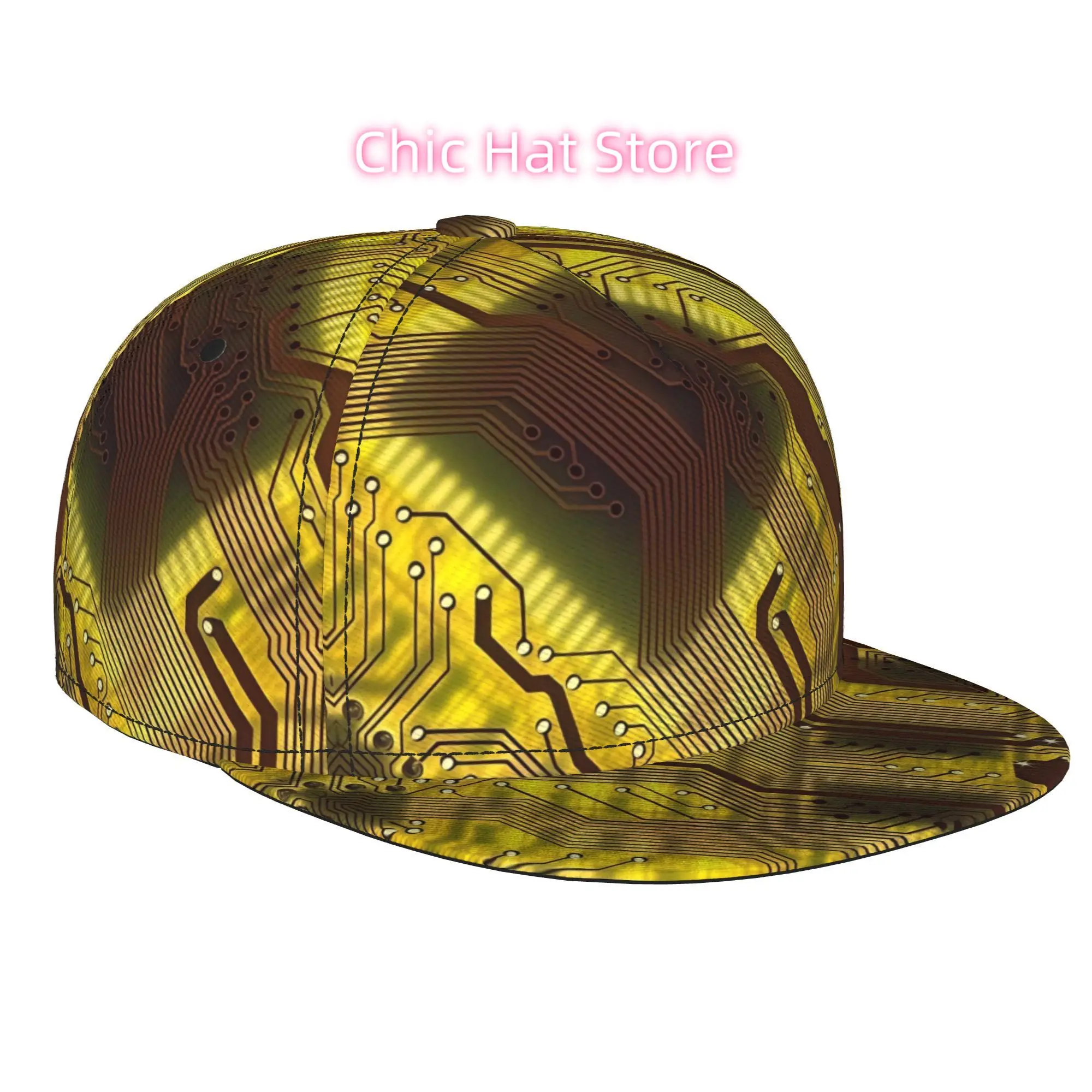 1pc Golden Circuit Board Texture Fully Printed Hip-Hop Caps, Baseball Caps, Stylish Flat-Brimmed Baseball Cap, Golf Cap, Sport