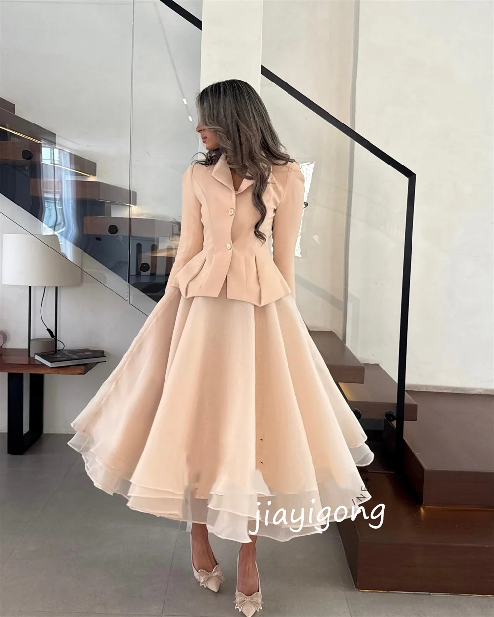 تخصيص الطراز الحديث جيرسي زر الطية ألف خط الخامس الرقبة فساتين متوسطة الطول مناسبة مخصصة رائعة بسيطة البريق #3