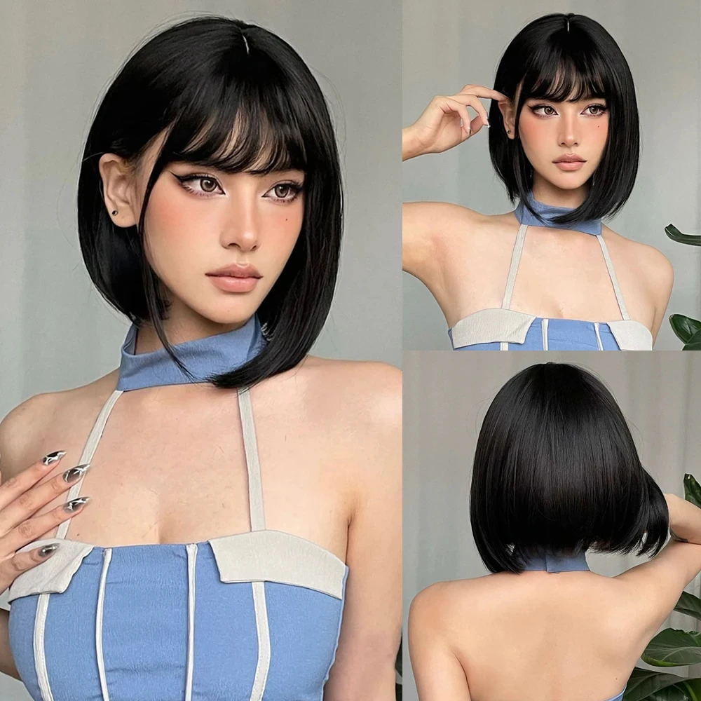 

Bob Black Synthetic Wigs Straight Cosplay Short Daily Natural Looking Hair Wig with Bangs Heat Resistant Fiber for Women Afro