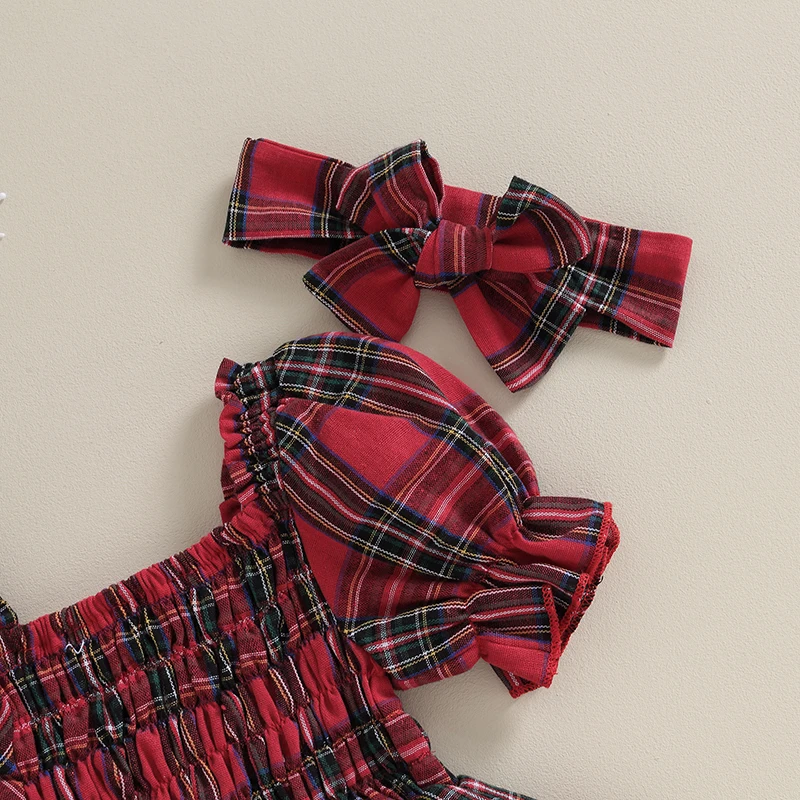 Infant Baby Girls Christmas Romper Dress Plaid Print Short Puff Sleeve Square Neck Jumpsuit Bow Headband