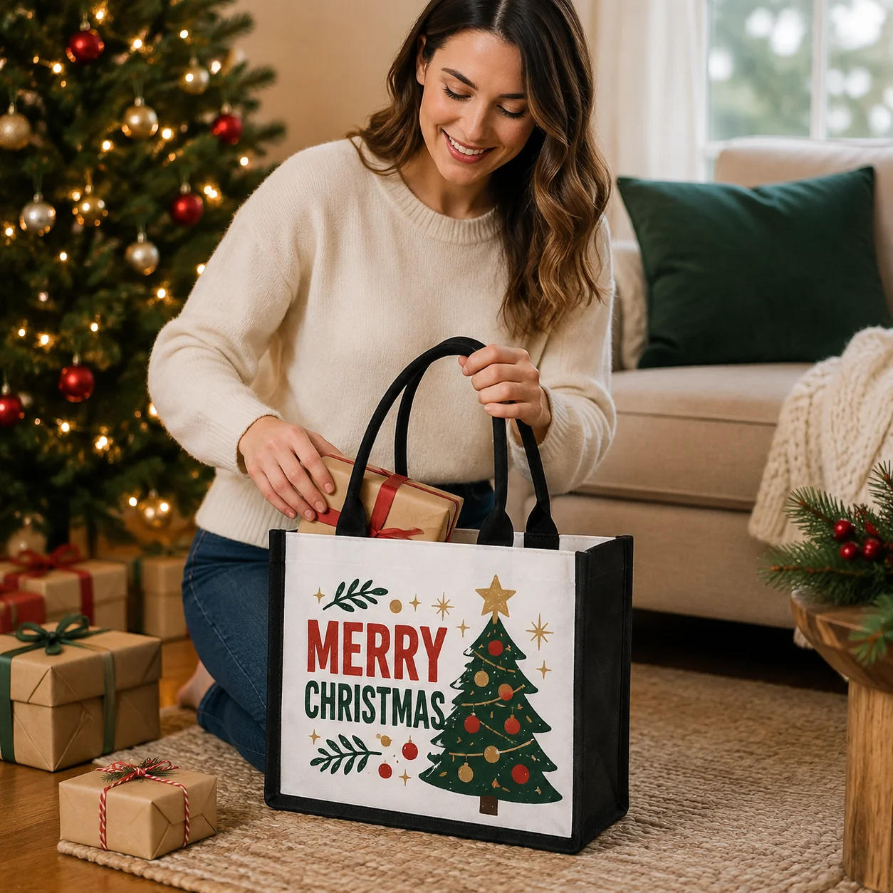 Custom Christmas Tote Bag Add Your Logo Photo Design Bags Canvas Large Capacity Shopping Handbag Winter Holiday Gift‑Giving Bag
