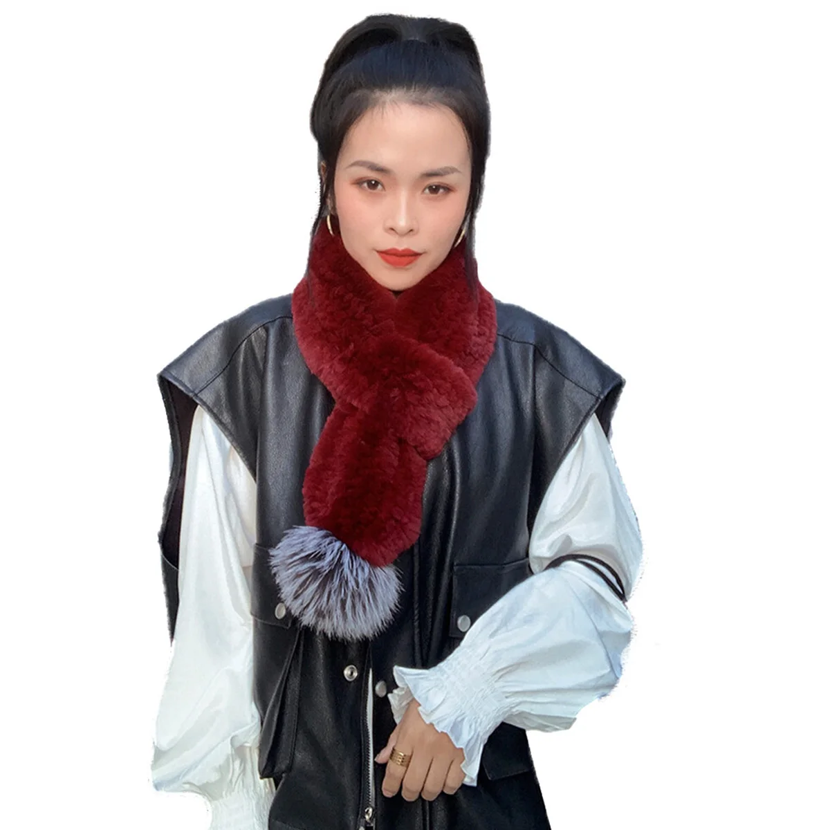 New Real Rabbit Fur Scarf Hot Sale Thickened Soft Furry Neck Warmer Winter Accessories Real Fox Fur Ball Scarf For Russian