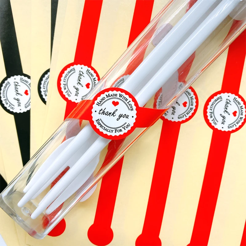 50pcs Red Black Thank you Long Round Lollipop Design Kraft Paper Sticker For Handmade Products Gift Package Seal Label