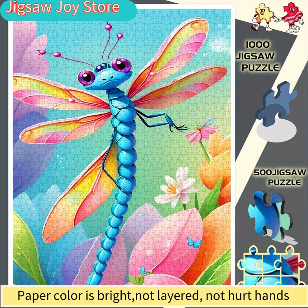 

Набор из 500/1000 бумажных пазлов: DIY-головоломка с милым мультяшным изображением стрекозы и красочными крыльями на цветочном фоне — идеально для