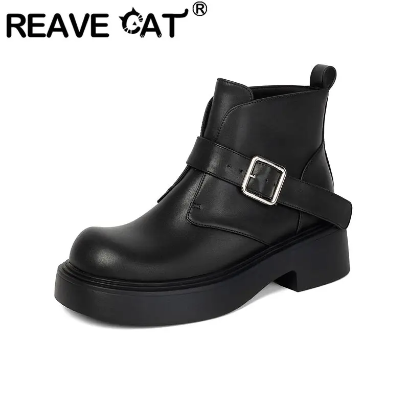 REAVE CAT Black Women Ankle Boots Round Toe 5cm Thick Heel Platform Belt Buckle Plus Size 42 43 Leisure Daily Short Botas Shoes