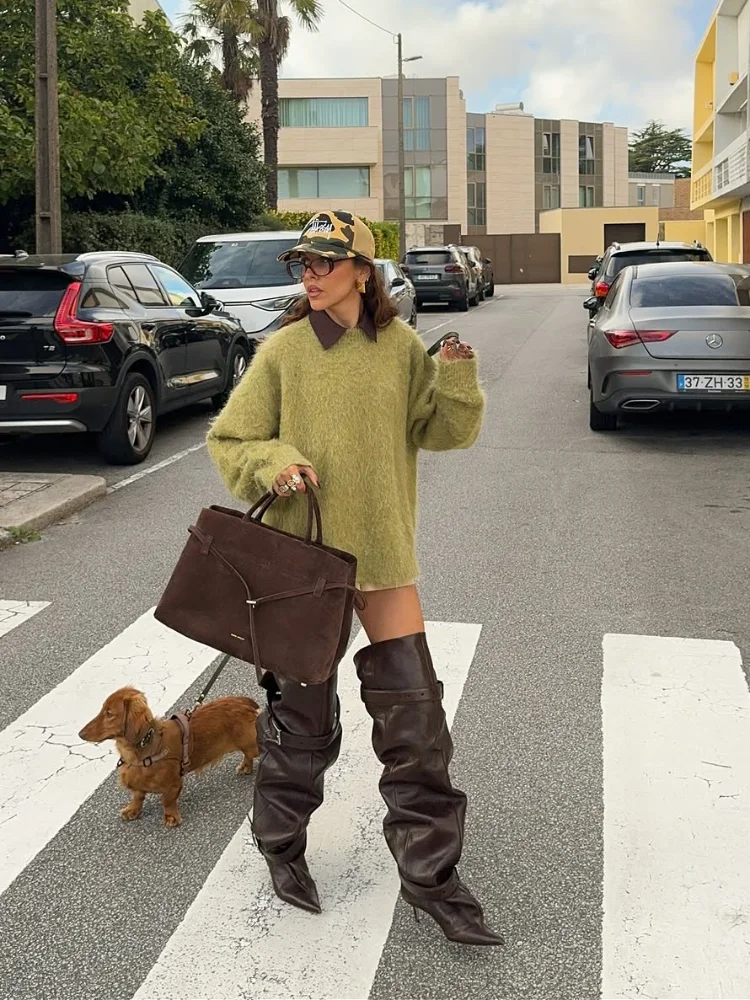 

Green Fleece Knitted Sweater Women Fashionable Long Sleeved Round Neck Loose Warm Sweaters Lady 2025 Casual Commute Street Wear