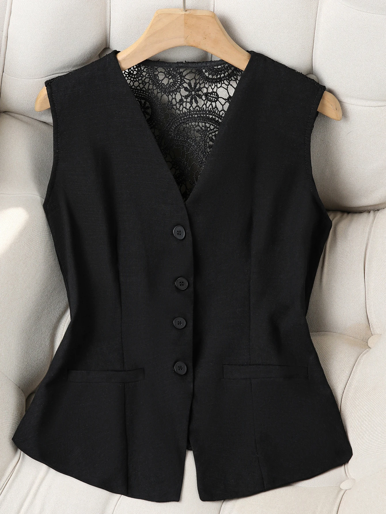 Women's Elegant Lace White Suit Vest, Sleeveless V-Neck Button Down Waistcoat, Tailored Fit for Office and Dressy Occasions