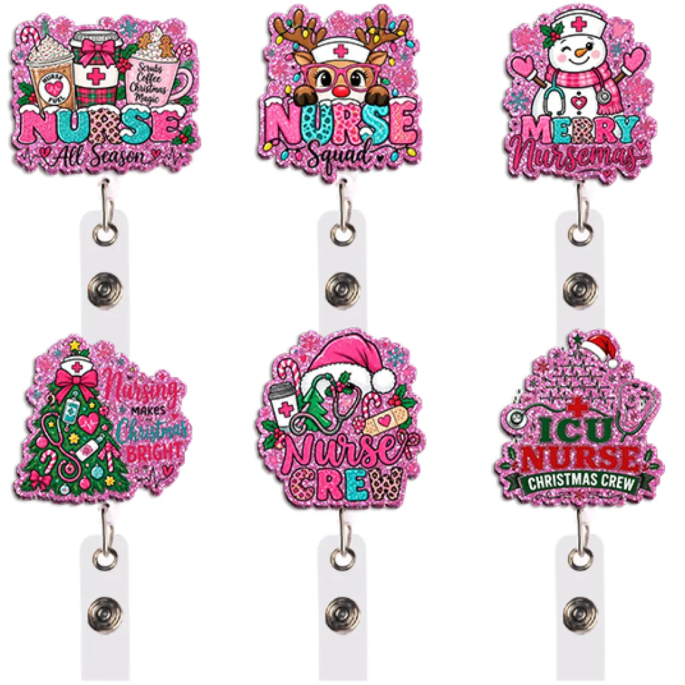 Cute Christmas Nurse Badge Reel Set Retractable Holder with Clip for Holiday Party Gift