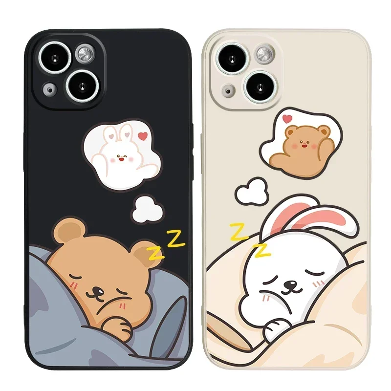 

Funny Cartoon Bear Rabbit Couple Paired Phone Case for iPhone 15 12 11 14 13 16 Pro Max Mini X XR XS 7 Plus SE Shockproof Cover