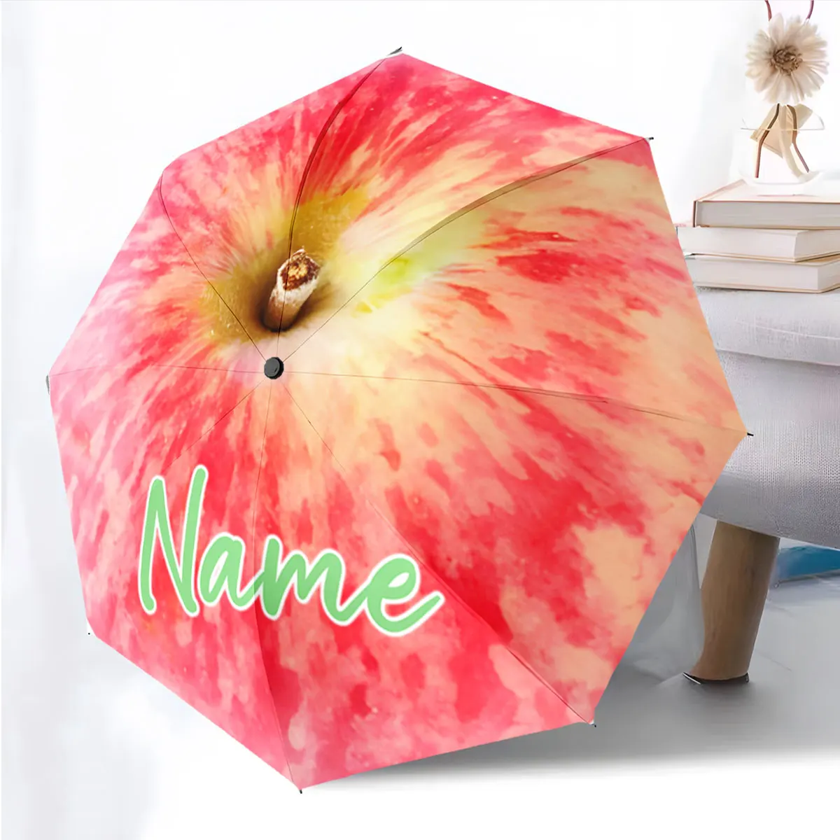 Custom Name Apple-Inspired Umbrella Design with Text Print 8 Iron Ribs Folding Umbrella, Auto-Open Fashion Sunshade