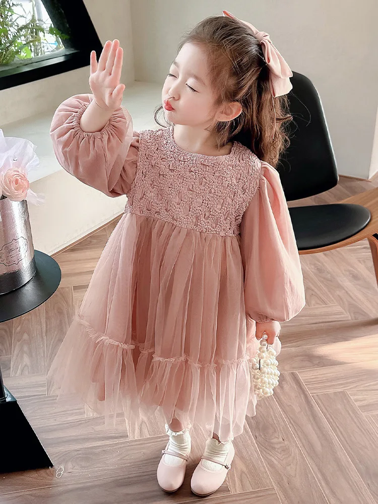 2024 children\'s dress children\'s long sleeved sequin dress medium and small girls cake fluffy gauze dress