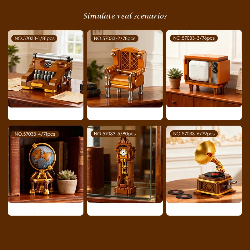 

Classic Retro Idea Block Model Typewriter Sofa Television Globe Building Brick Educational Toys Home Decor For Kids Gifts