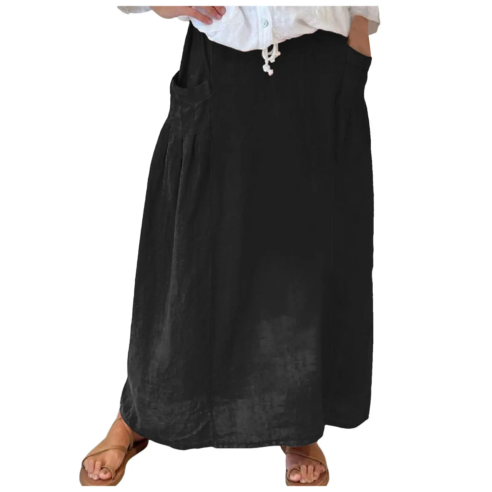 

2024 Bamboo and Hemp Skirt Women's Spring and Summer Loose Large Size Casual Nine Leg Pants Wide Leg Pocket Pants Skirt