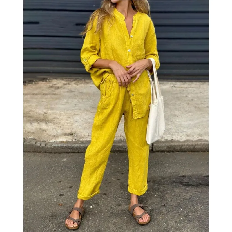 Casual Stand Collar Single Breasted Shirt Long Pants Two-piece Set For Women 2024 Autumn Cotton Linen Blouse Yelow Outfits Femme