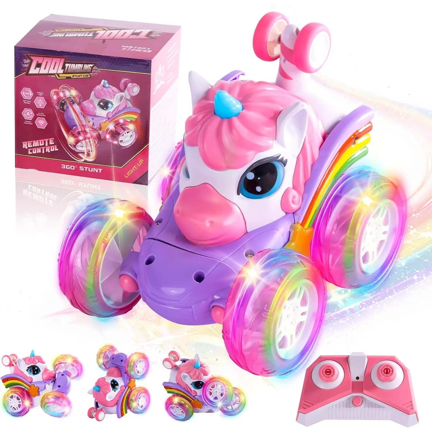 

Remote Control Car Unicorn for Girls 360° Rotating 4WD Stunt RC Cars with LED Lights, 2.4GHz USB Charging Toy Car Birthday Gifts