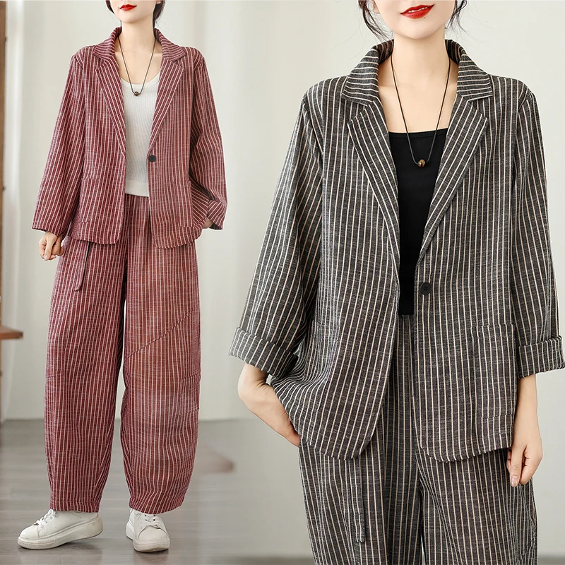 

Модный полосатый комплект из хлопка и льна больших размеров: винтажный универсальный костюм с длинными рукавами, свободный комплект из двух предметов, комплект с брюками-харланами