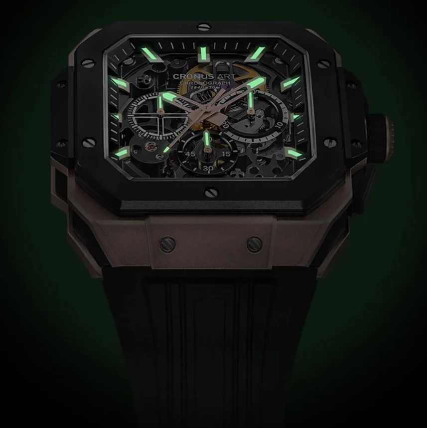 CRONUSART Men Chronograph Watch 45mm Square Automatic Mechanical Wristwatch Carbon Steel Case Sapphire Luminous Skeleton Dial