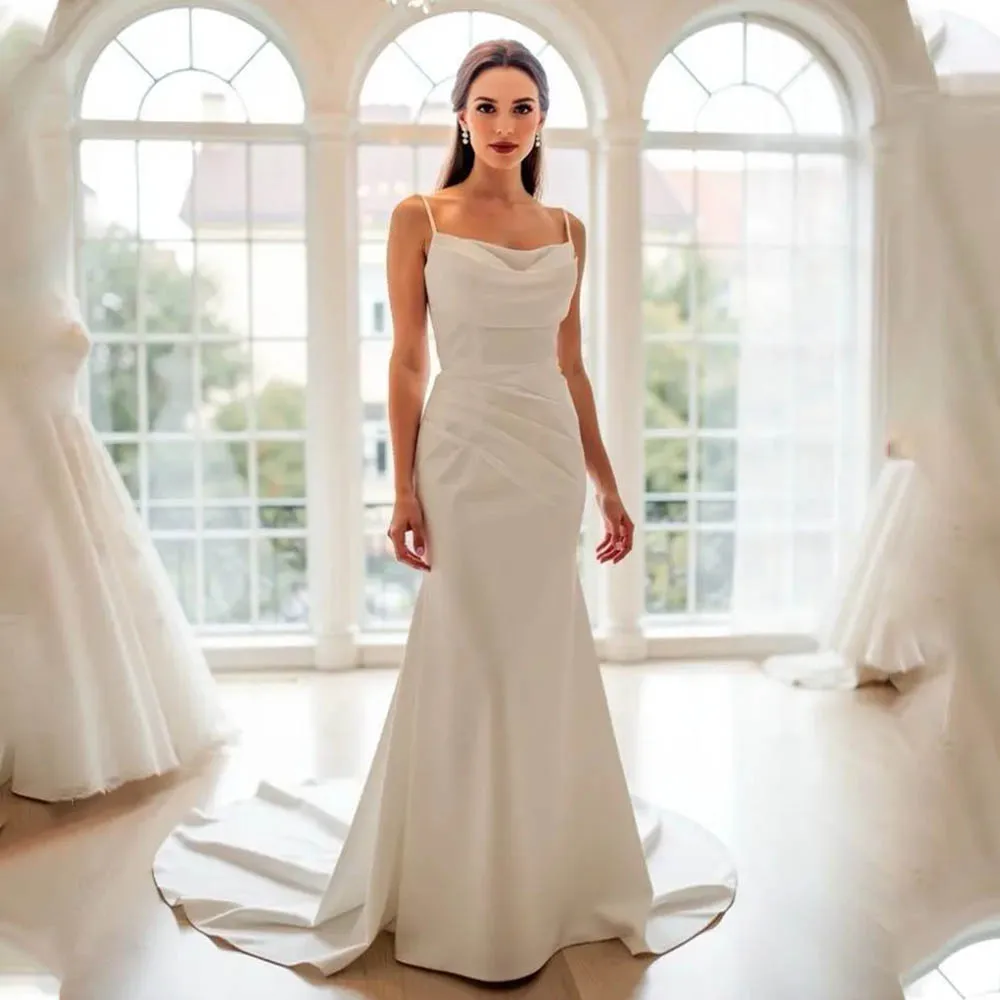 

Простые атласные свадебные платья-футляры с двумя бретелями и открытой спиной на заказ 2026 Vestido De Noival