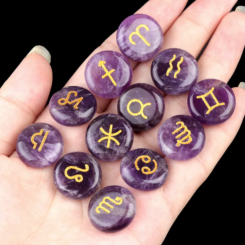 

12 Constellation Rune Spiritual Stone Natural Amethyst Crystal Engraved Symbols Reiki Healing Meditation Balancing Pocket Stone