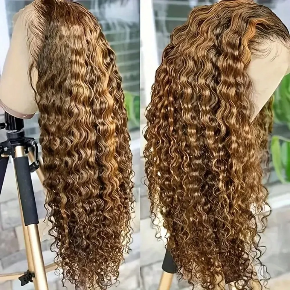 

Glueless Pre Plucked Lace Front Human Hair Wigs 30 Inch 13x6 HD Ombre Highlight 4 27 Honey Blonde Deep Wave 250 Density Bouncy Hair For All Occasions