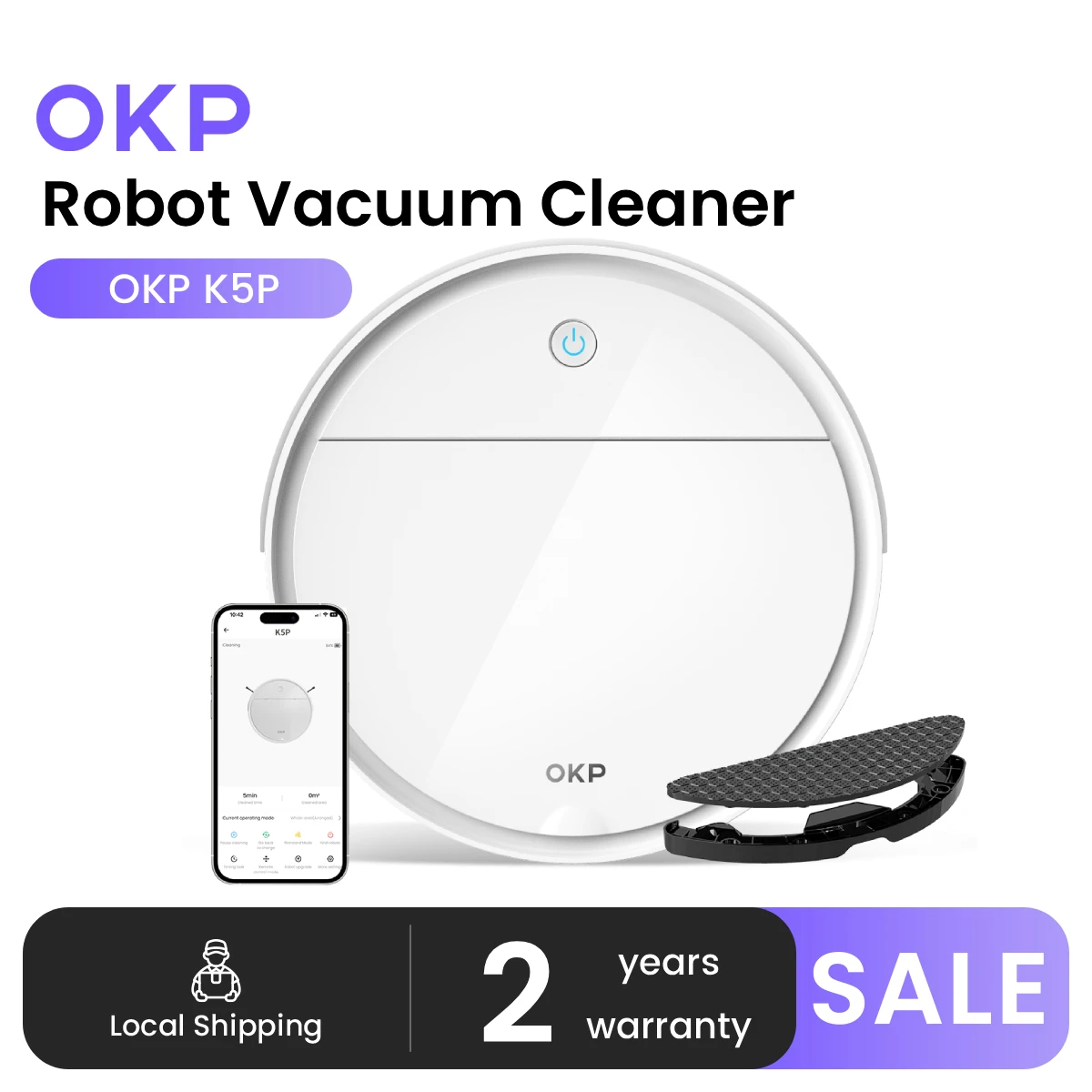 Image of OKP K5P Roboter-Staubsauger, 5000 Pa, 180 Minuten, WLAN/App, schlankes Design, selbstaufladend, perfekt für Hartböden, Tierhaare, Teppiche
