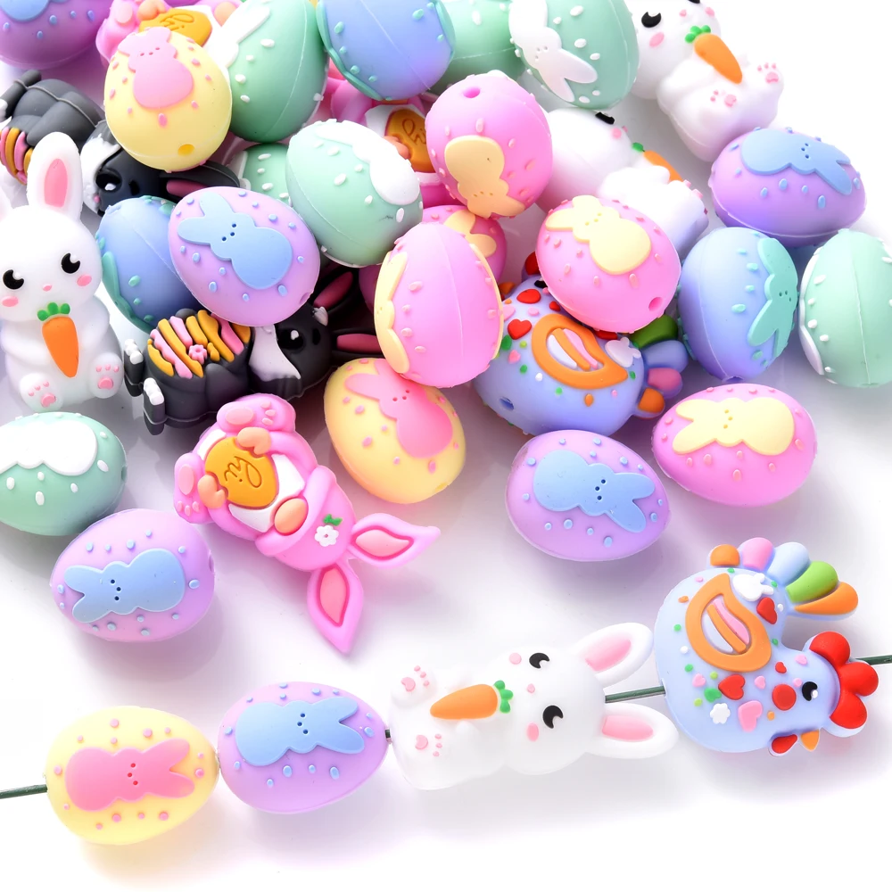 3Pcs Silicone Beads Rabbit&Chicken Styling Food Grade for DIY Baby Pacifier Chains, Teether Bracelets Necklace Accessories