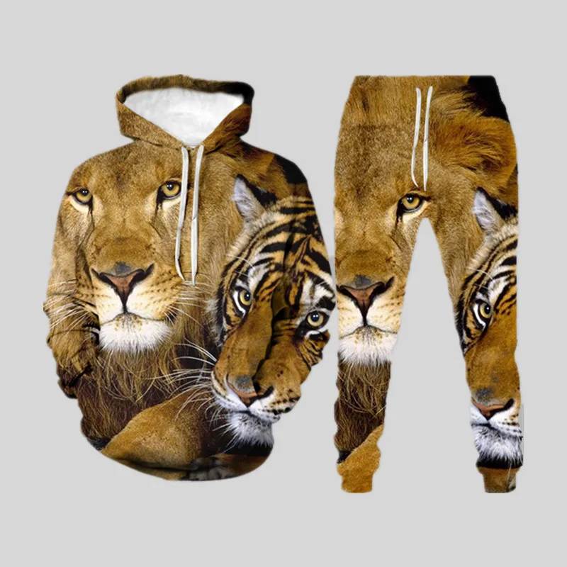 Animal Lion 3D Print Men\'s Tracksuit Sets Casual Hoodie And Pants 2pcs Sets Oversized Pullover Fashion Sweatsuit Men Clothing