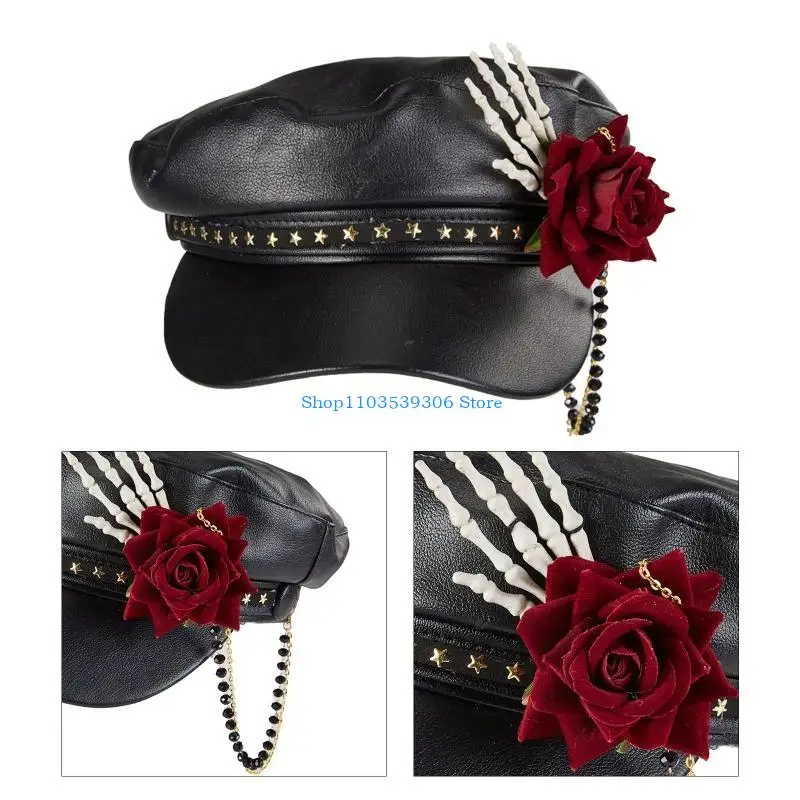 

400A Steampunk Newsboy Cap Black Gothic Newsboy Hat Punk Peaked Cap Leather Carnival