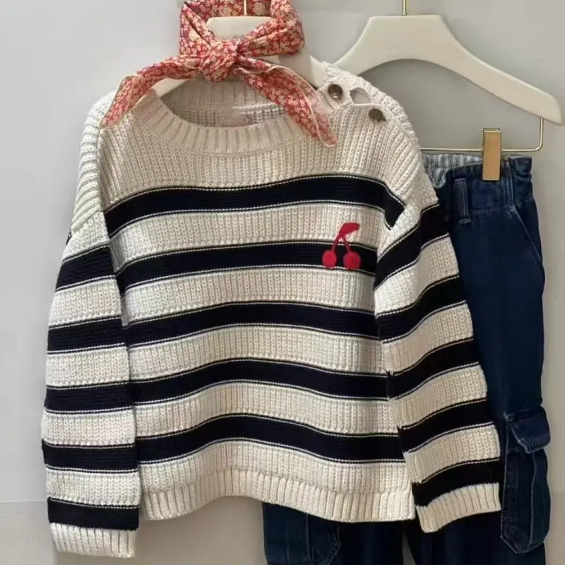 

Girls Autumn Cherry Sweater Red Cherry Knitted Sweater Sweet Children Top Striped Clothing Teenager Long Sleeves Top
