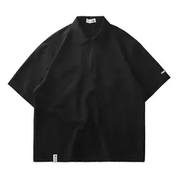 Japanese Style Pullovers Polo-Neck Zipper Spliced Pockets Casual Solid Color Trendy All-match Loose Short Sleeve T-shirt Tops