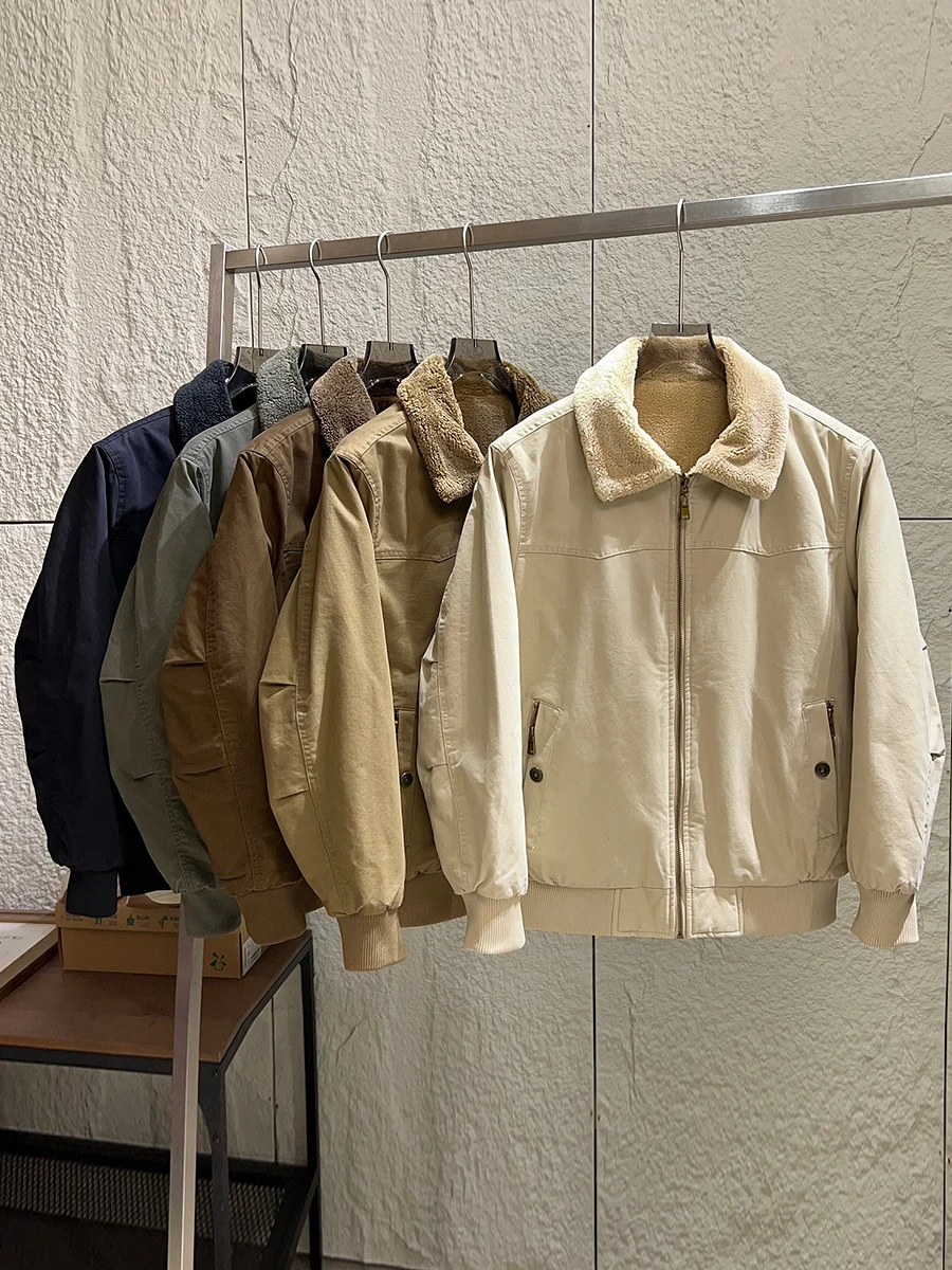 

Double-Sided Wear Fleece-Lined Warm Men's Retro Workwear Collar Casual Jacket Outerwear Trendy Cotton Long Sleeve Zipper
