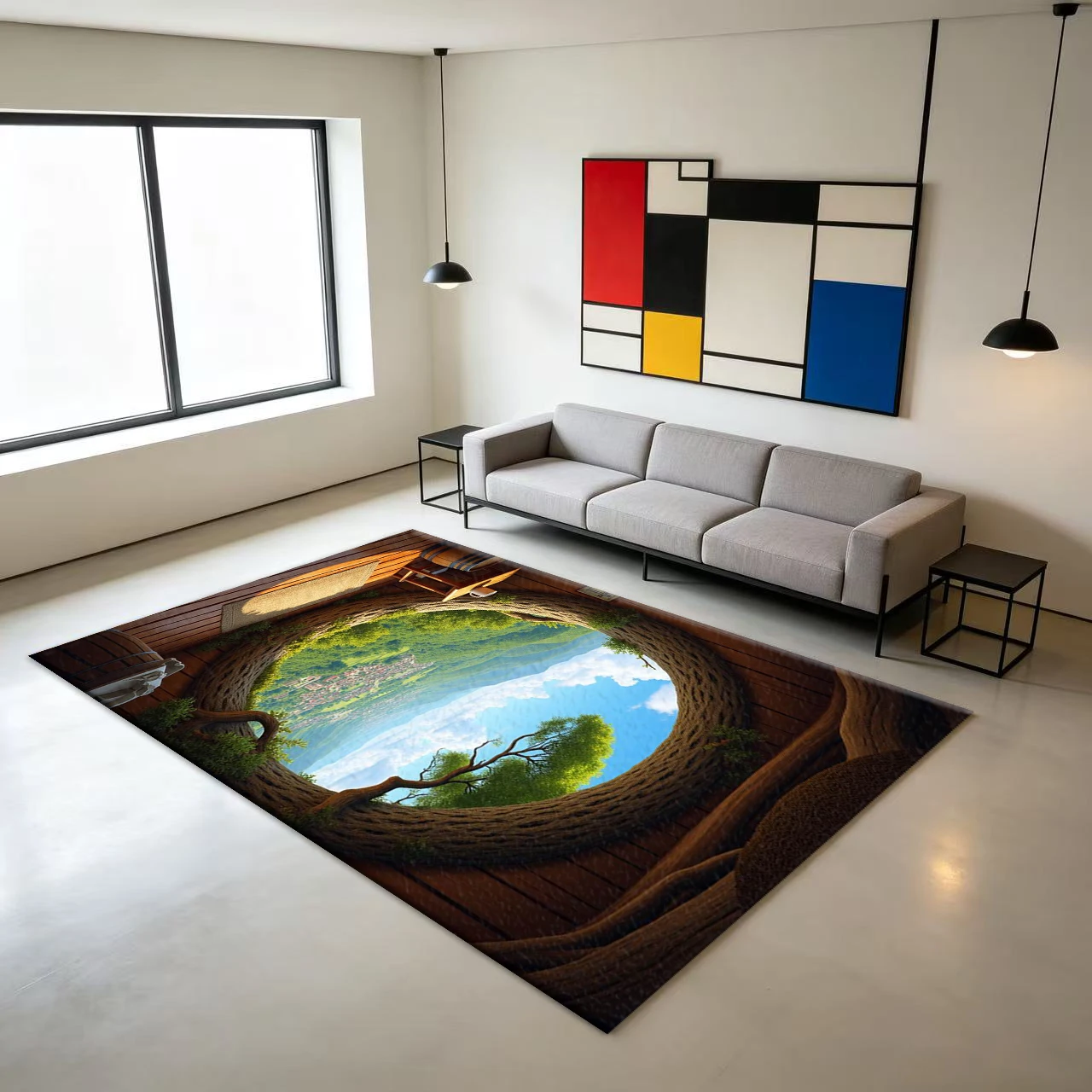Tree Hole Mountain Town Landscape Carpet Floor Mat Dreamy Natural Scenery Decorative Mat Suitable for Home Bedroom