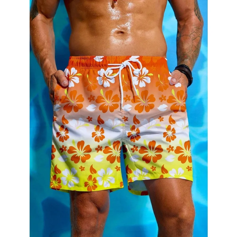 Colorful Flower Graphic Swim Trunks For Men Gradient 3D Print Beach Shorts Summer Casual Quick Dry Sport Loose Surf Short Pants