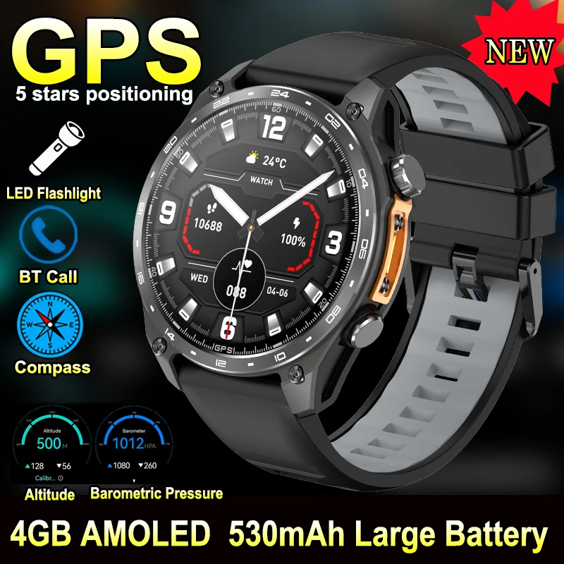 

New GPS Tracking Smartwatch Men 530mAh 1.43'' AMOLED Wrist Watches Strong Flashlight Compass BT Call Outdoor Sports Smart Watch