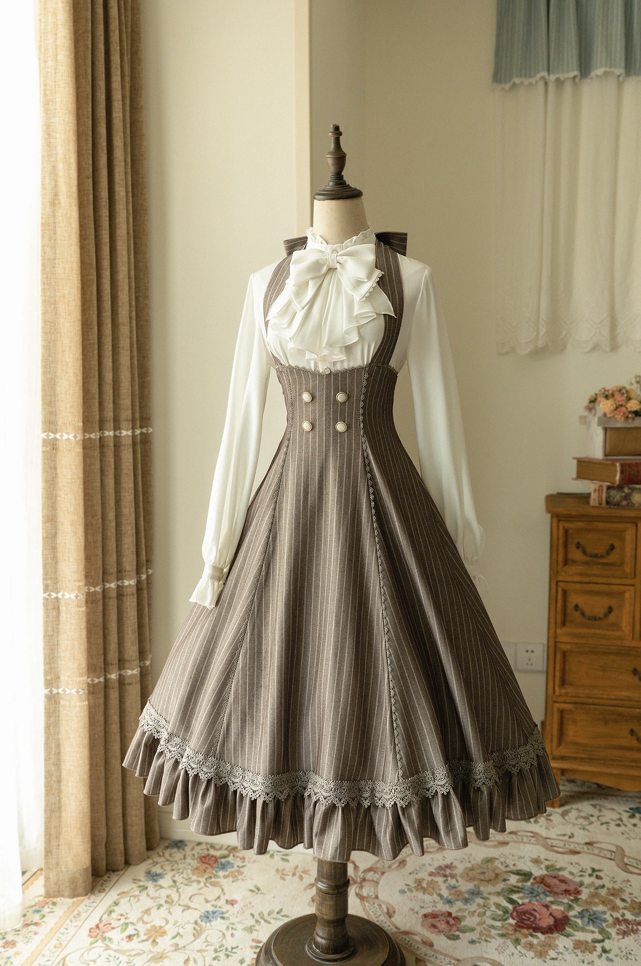 Original Lolita Woman Halter Sling Dress 2023 Spring and Autumn New French Style Lolita Complex Striped Gray Blue Strap Dresses