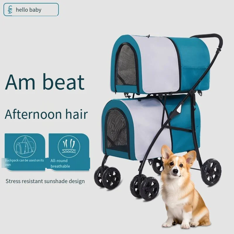 Carrito de mano para perros y gatos, carrito para mascotas de doble capa de gran espacio, ligero y fácil de plegar para exteriores, carrito de mano para gatos y perros de alta calidad