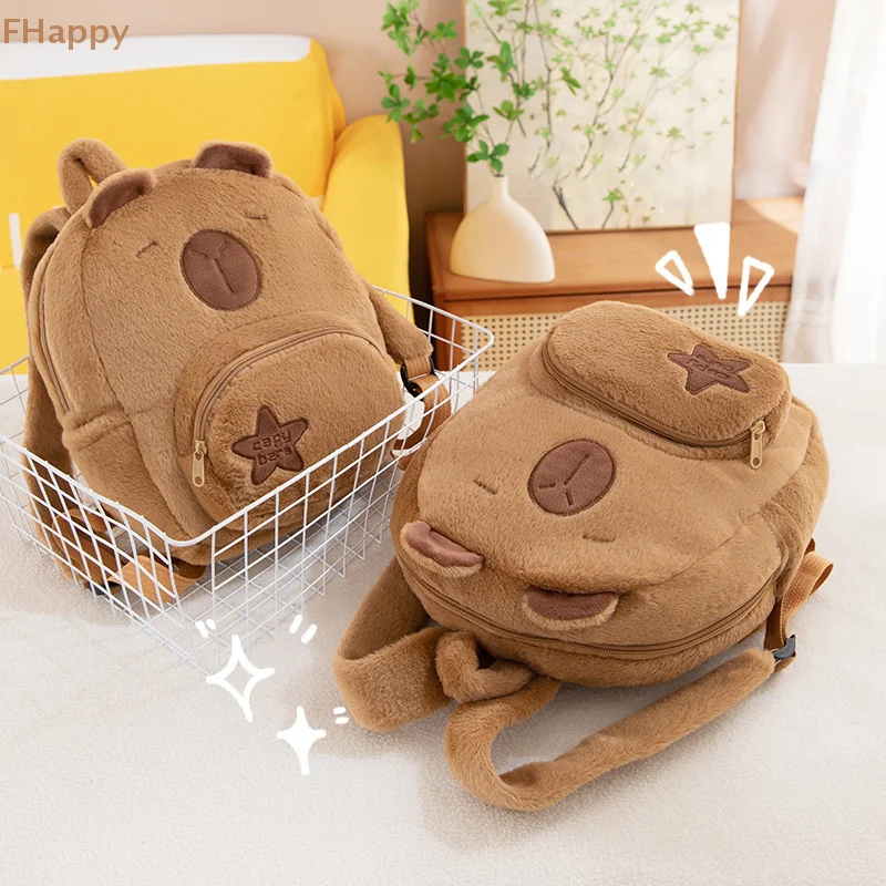 1PC Cartoon Capibala Large Capacity Backpack Plush Capybara Bag Casual All-match Fur Bag Student School Supplies