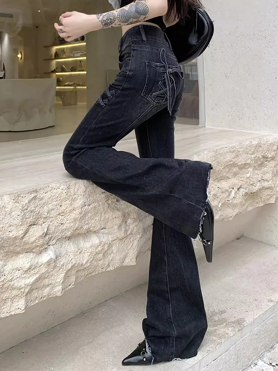 Reddachic acubi móda ženy stuha záblesk džíny vintage mýt vysoký stoupání hanebný ostří luk bootcut džínové kalhot korejské y2k pouliční oblečení