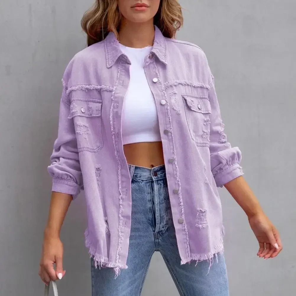 Hip Hop Rough Edges Denim Jacket Ripped Pocket Lapel  Long Sleeve Single-breasted Vintage Jeans Jacket Coat Women Spring Coat