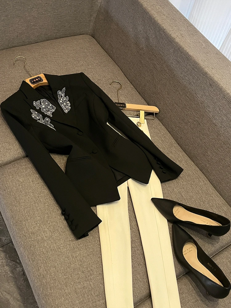 

Женский костюм Ele Bla на заказ с высокой талией и двумя пуговицами, жемчужное украшение, верхняя одежда Quali, модный топ BY343