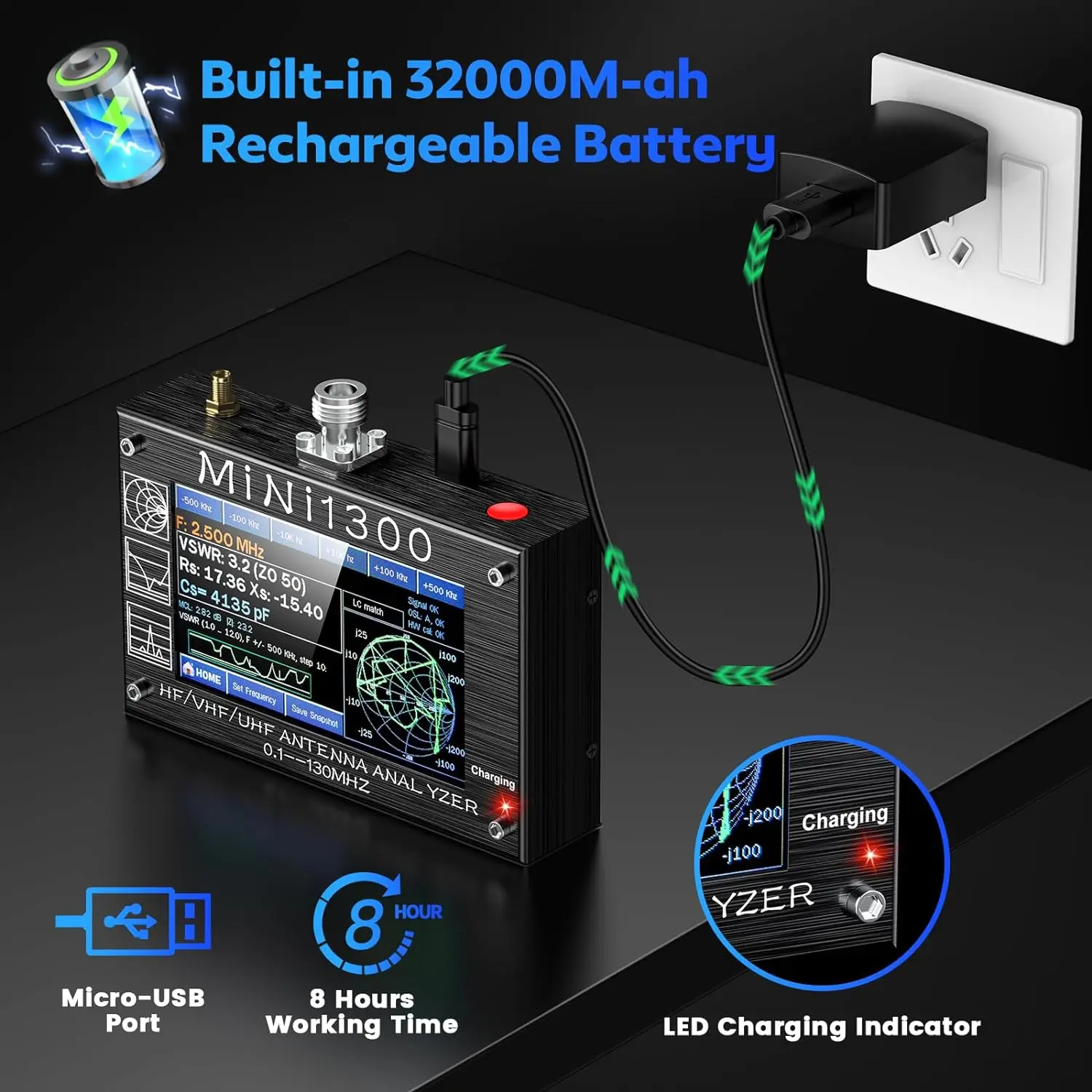 Analizator antena UHF 0.1-1300MHz HF VHF 4. 3-calowy analizator sieci wektorowej sygnał RF Multi pomiar ANT/SWR/TDR/DSP